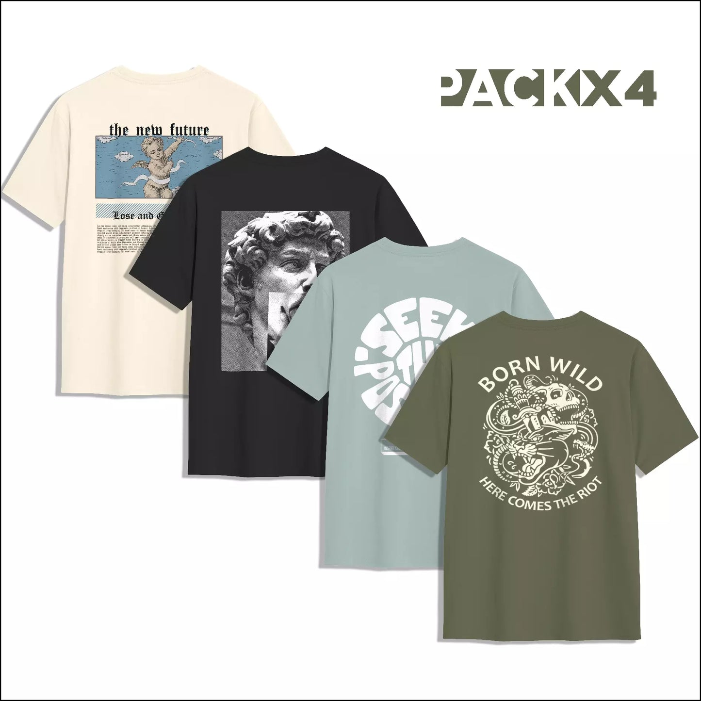 PACK X4 CAMISETAS (BEIGE, NEGRO, BLUE, VERDE)