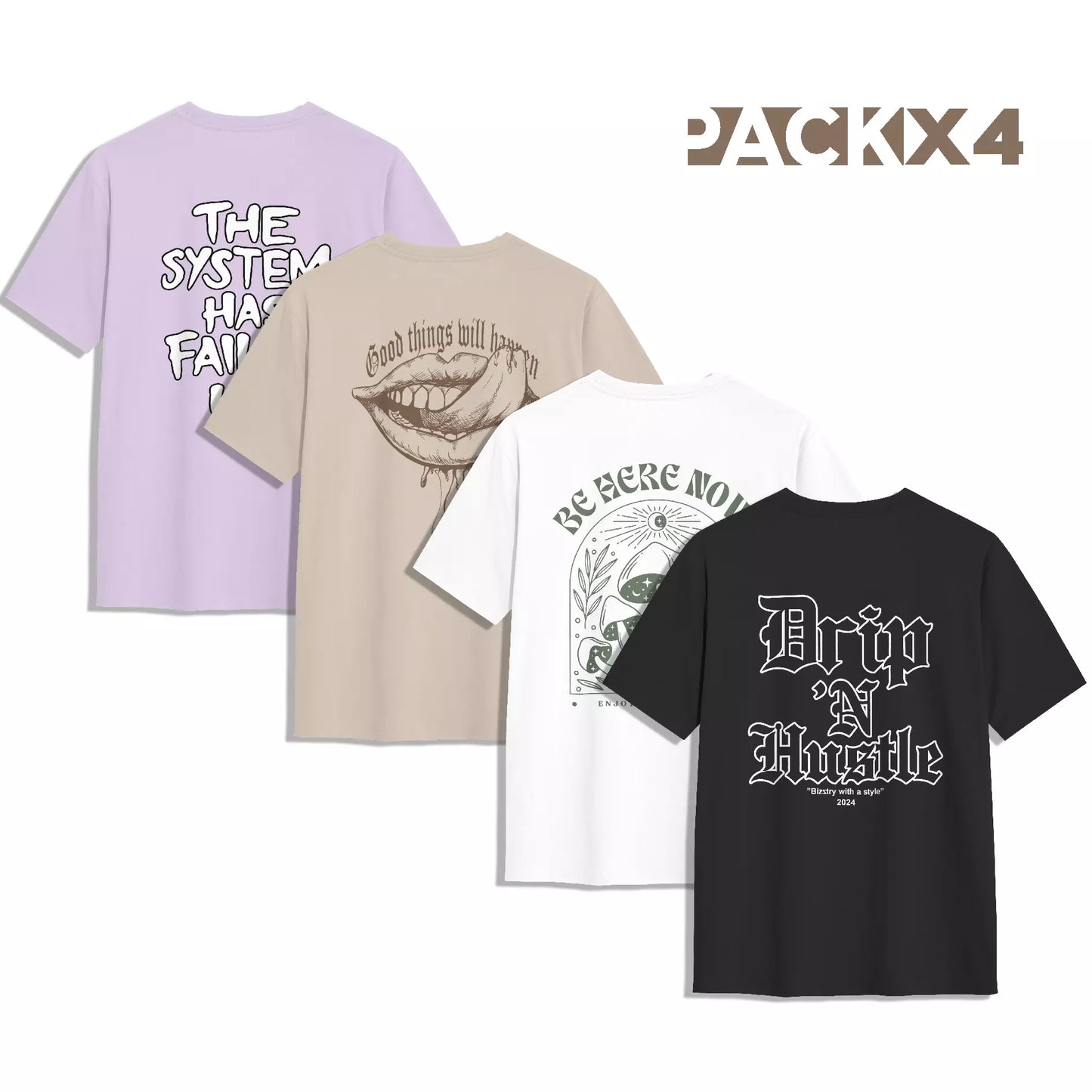 PACK 4 CAMISETAS PREMIUM (LILA, CAPUCCINO, BLANCO, NEGRO)
