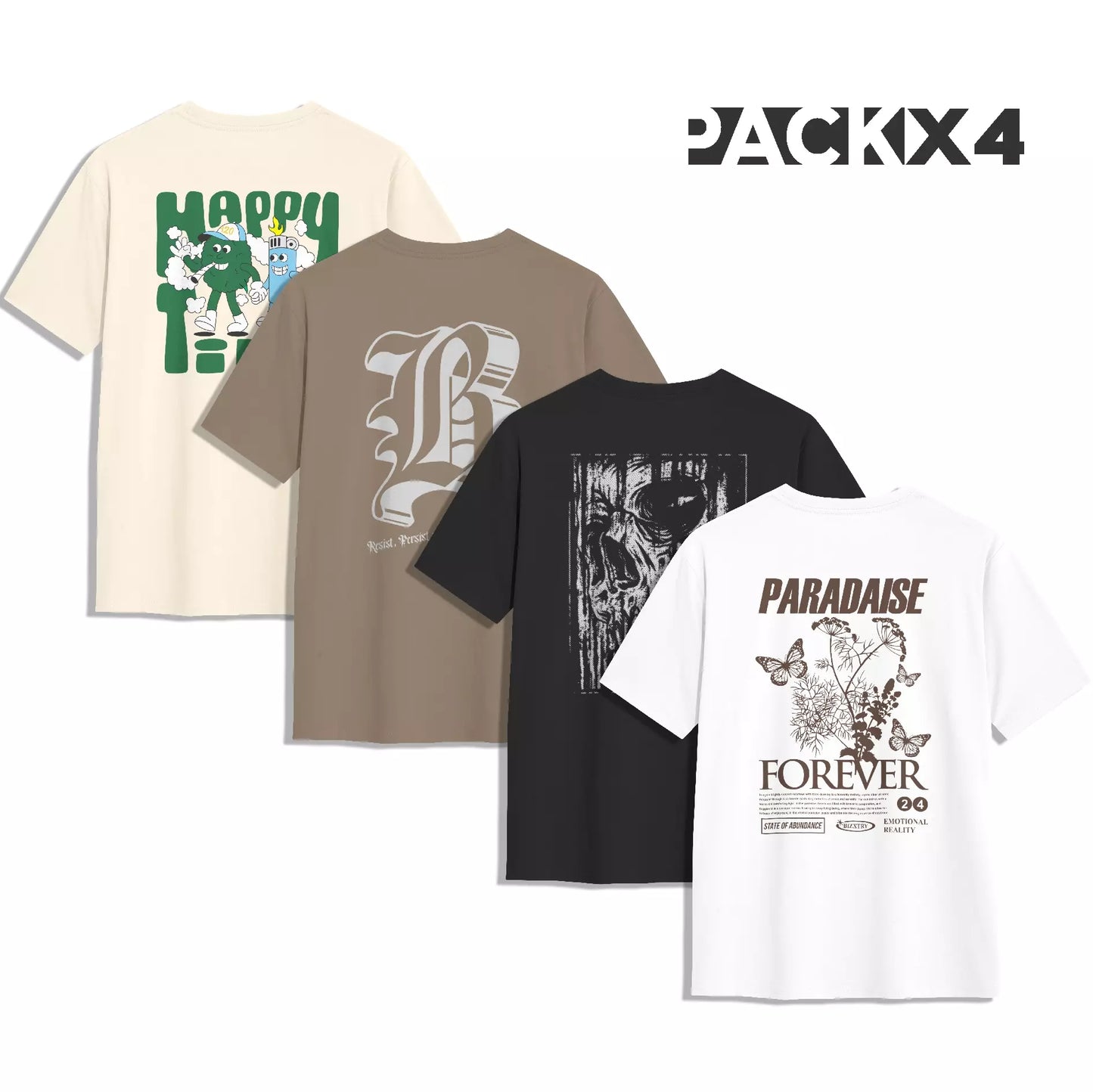 PACK 4 CAMISETAS PREMIUM (BEIGE, CHOCOLATE, NEGRO, BLANCO)