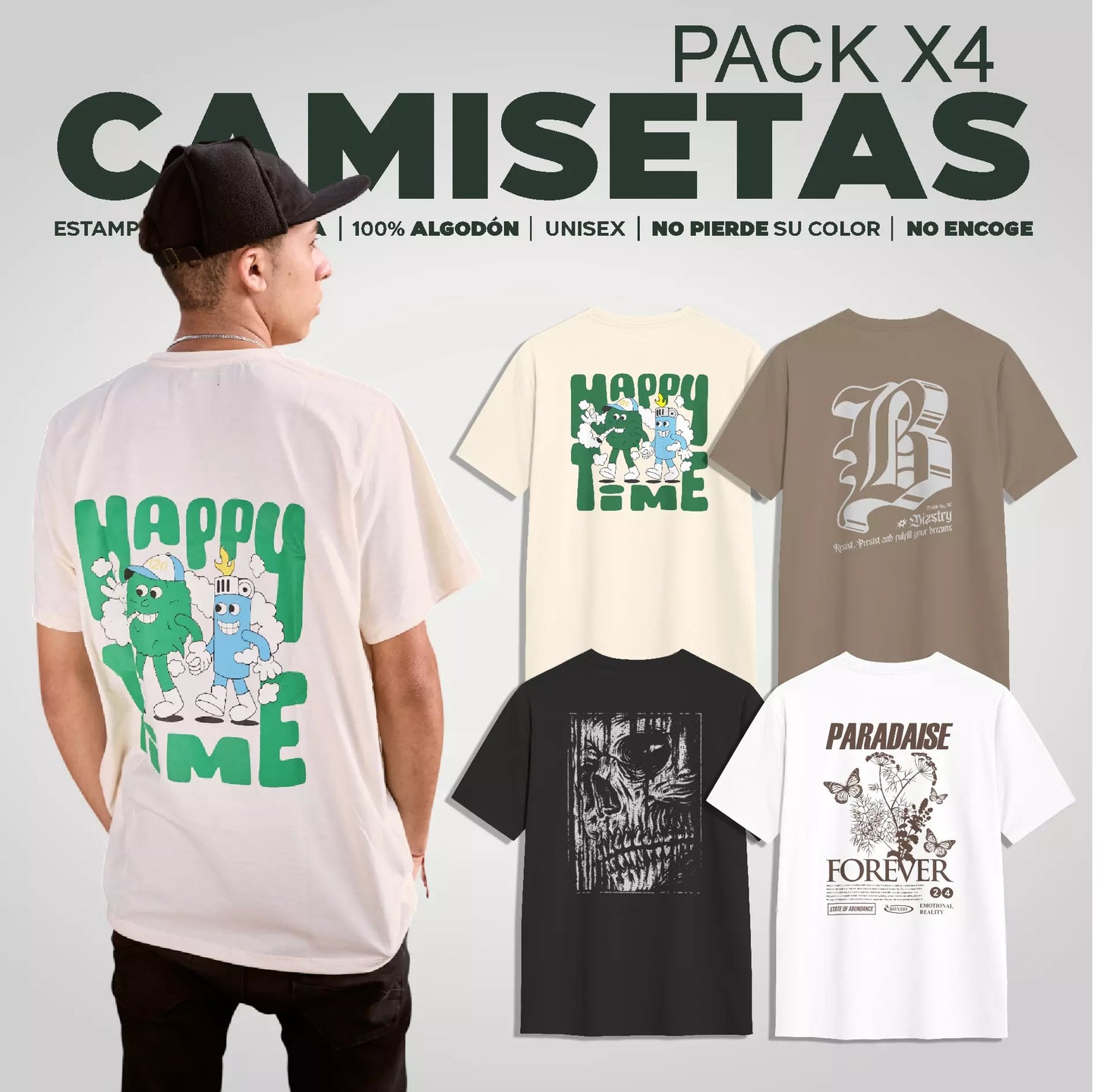 PACK 4 CAMISETAS PREMIUM (BEIGE, CHOCOLATE, NEGRO, BLANCO)