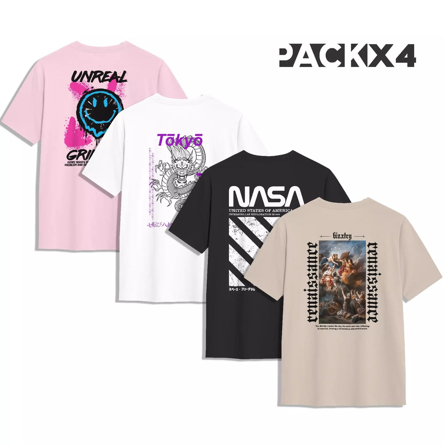 PACK 4 CAMISETAS PREMIUM (ROSA, BLANCO, NEGRO, CAPUCCINO)